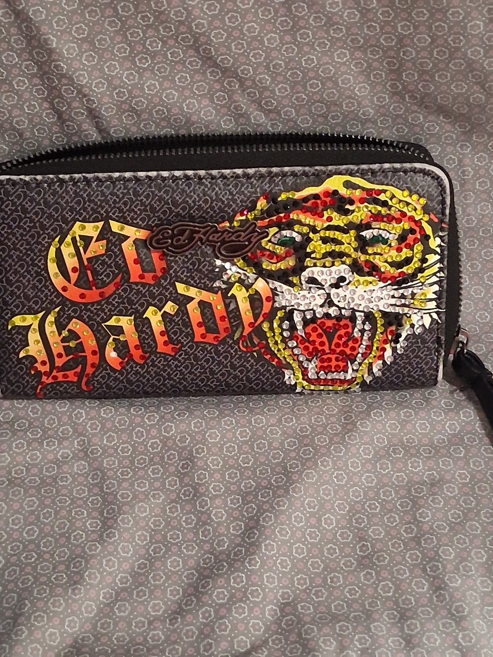 Ed Hardy Tiger Rhinestone Zip-Around Wristlet Wallet Black & Red